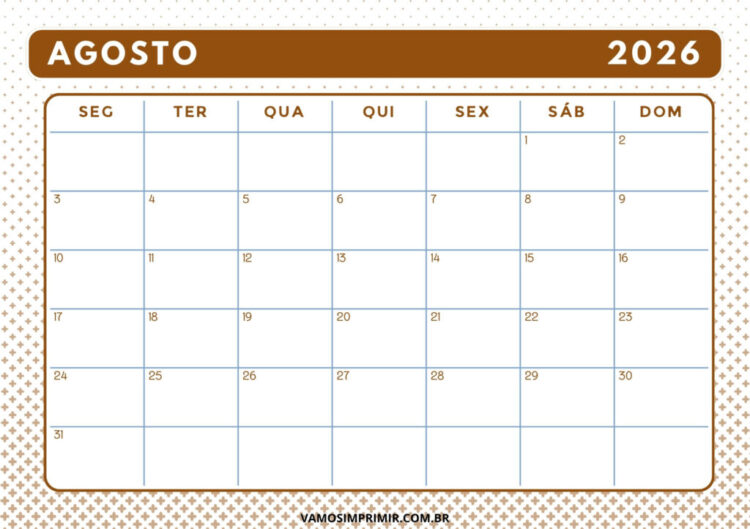 15 Calendários de Agosto 2026 para Imprimir – Vamos Imprimir