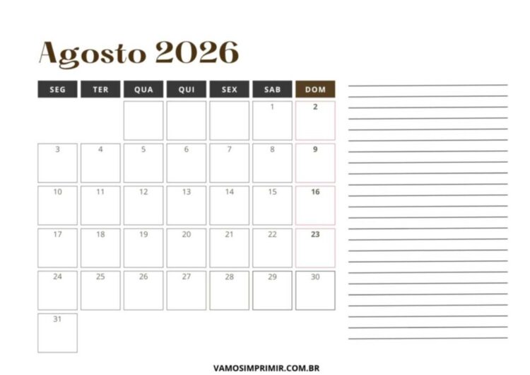 15 Calendários de Agosto 2026 para Imprimir – Vamos Imprimir