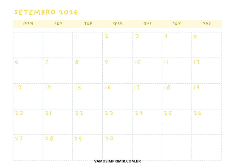 Calendário Setembro 2026 – 15 Modelos para Imprimir – Vamos Imprimir