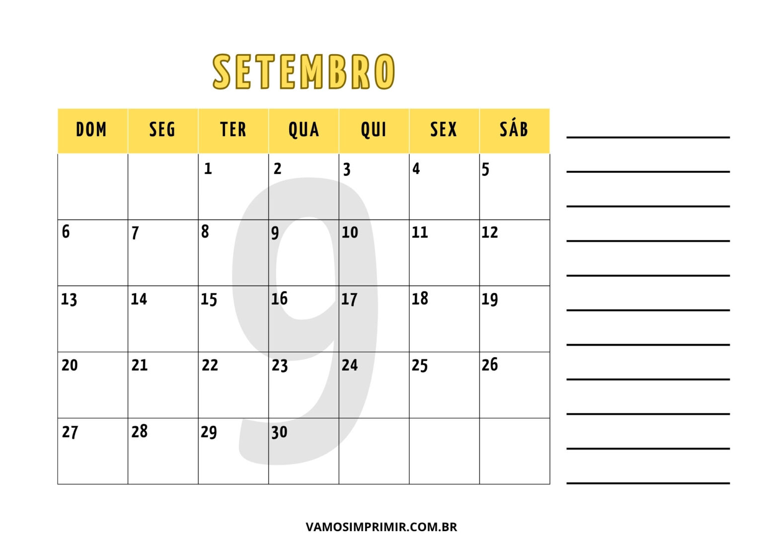 Calendário Setembro 2026 – 15 Modelos para Imprimir – Vamos Imprimir